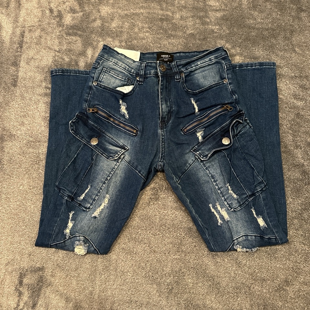Men's Distressed Blue Cargo Jeans
